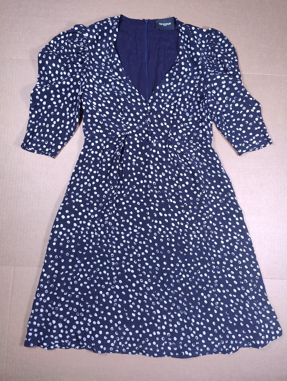 The Kooples Black 100% Silk White Moon Dots V Neck Puff Sleeve Dress Sz 1 (~S)